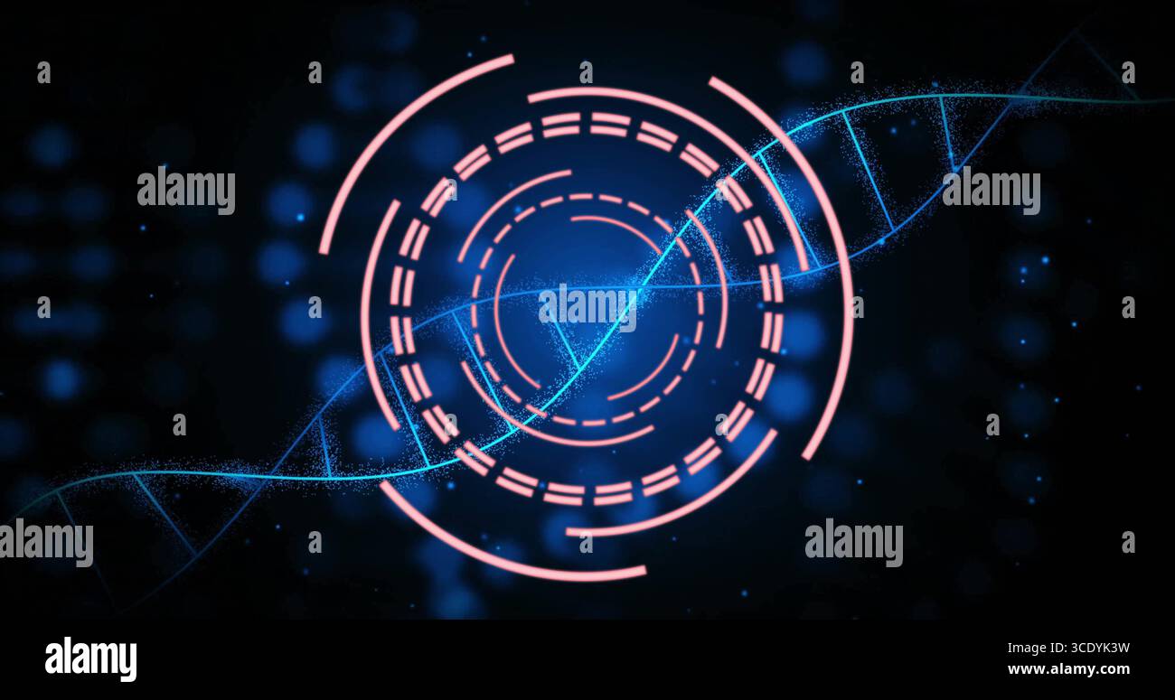Projecting blue DNA helix crossing pink data rings in virtual interface, with glowing particles. Futuristic, technology, data visualization, science, Stock Photo