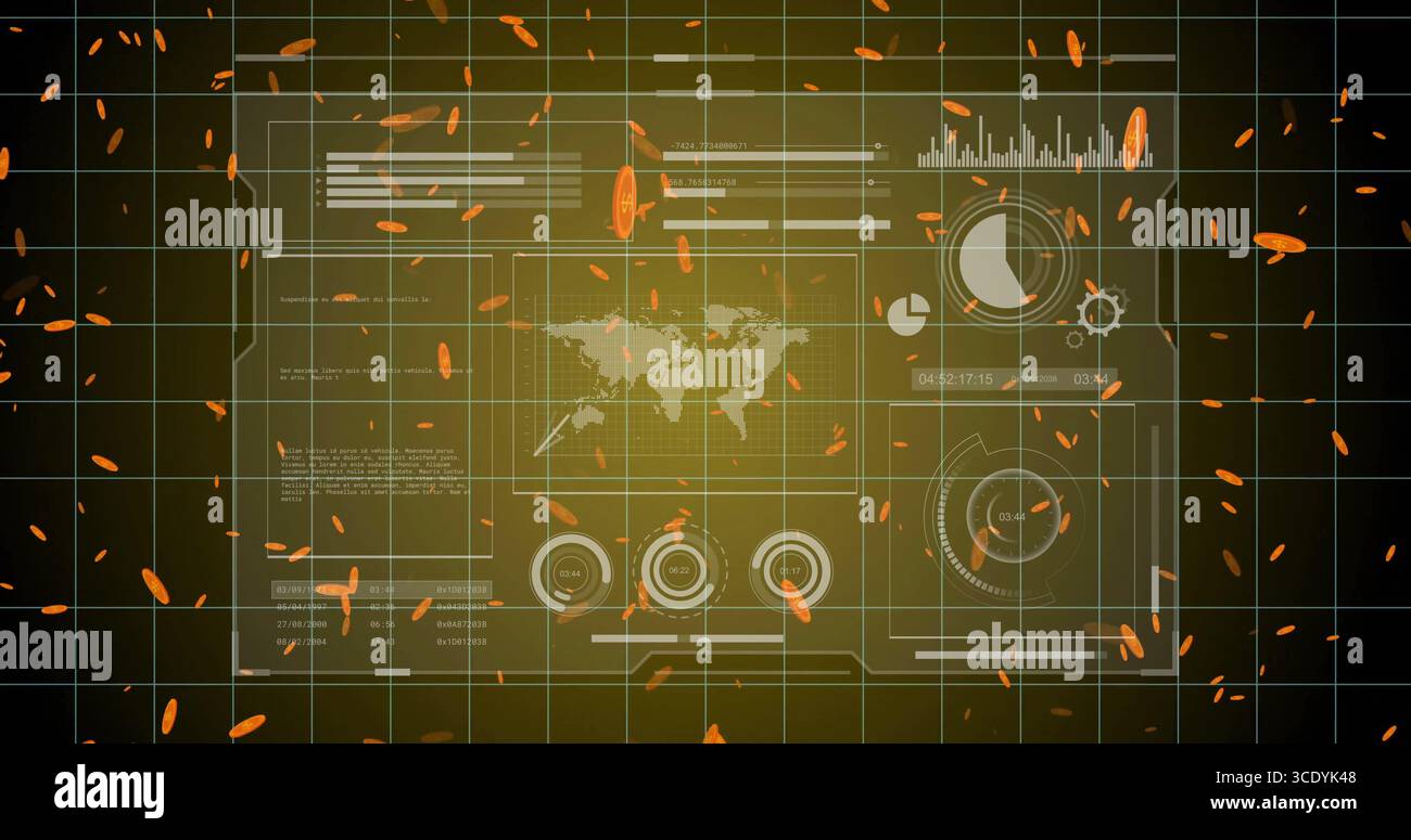 Displaying control panel streaming world map, charts over dark grid ...