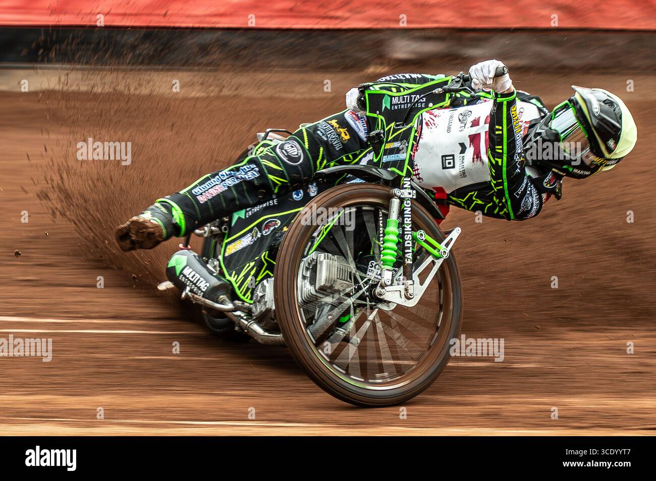 Dramatic Action Image Of Danish Speedway Rider Villads Nagel's Spectacular Racing Style At Glasgow Tigers' Speedway, Glasgow, Scotland, UK. Stock Photo