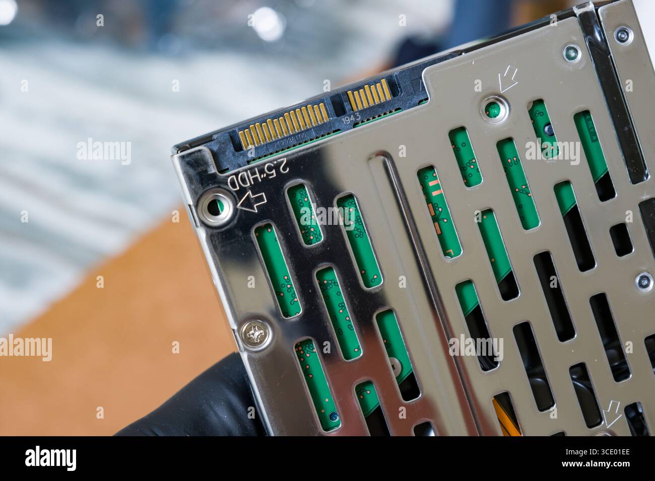 Close up view of the Serial ATA computer bus interface of computer hard ...