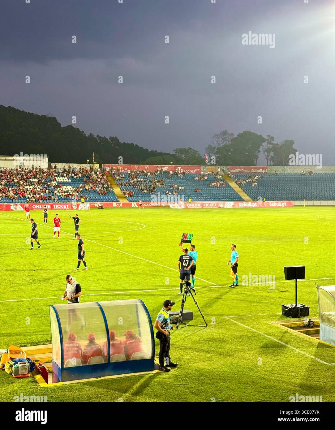 Football match during the third qualifying round of the UEFA Europa Conference League between Santa Clara and Larne - Smartphone Captured Stock Image
