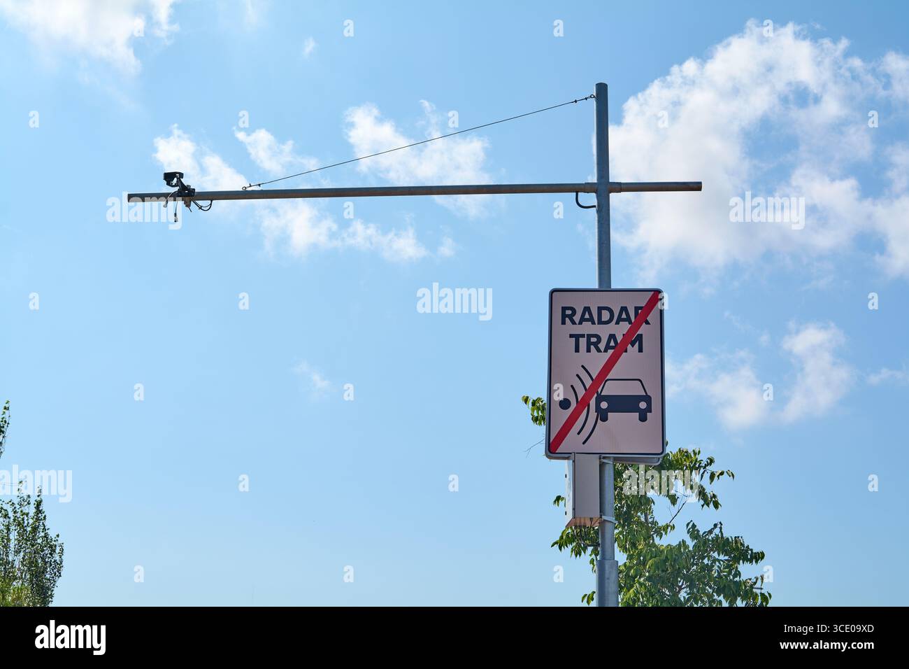 Viladecans. Barcelona - August 14, 2025: Traffic control infrastructure and a sign warning of the prohibition of traffic for certain vehicles. Road re Stock Photo