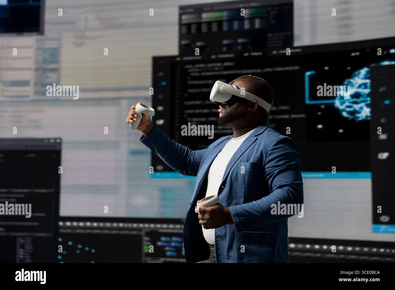 Digital tech expert coding and using VR headset at innovation hub, showcasing the intersection of data science and cybersecurity. Coding life immersed in high tech code development. Stock Photo