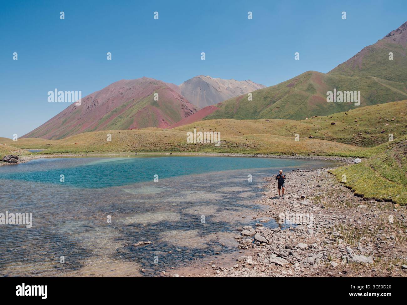 Lonely hiker with a backpack enjoying majestic green hills with unique curved shapes and lakes while trekking in Pamir Range mountains at 3600 m altit Stock Photo