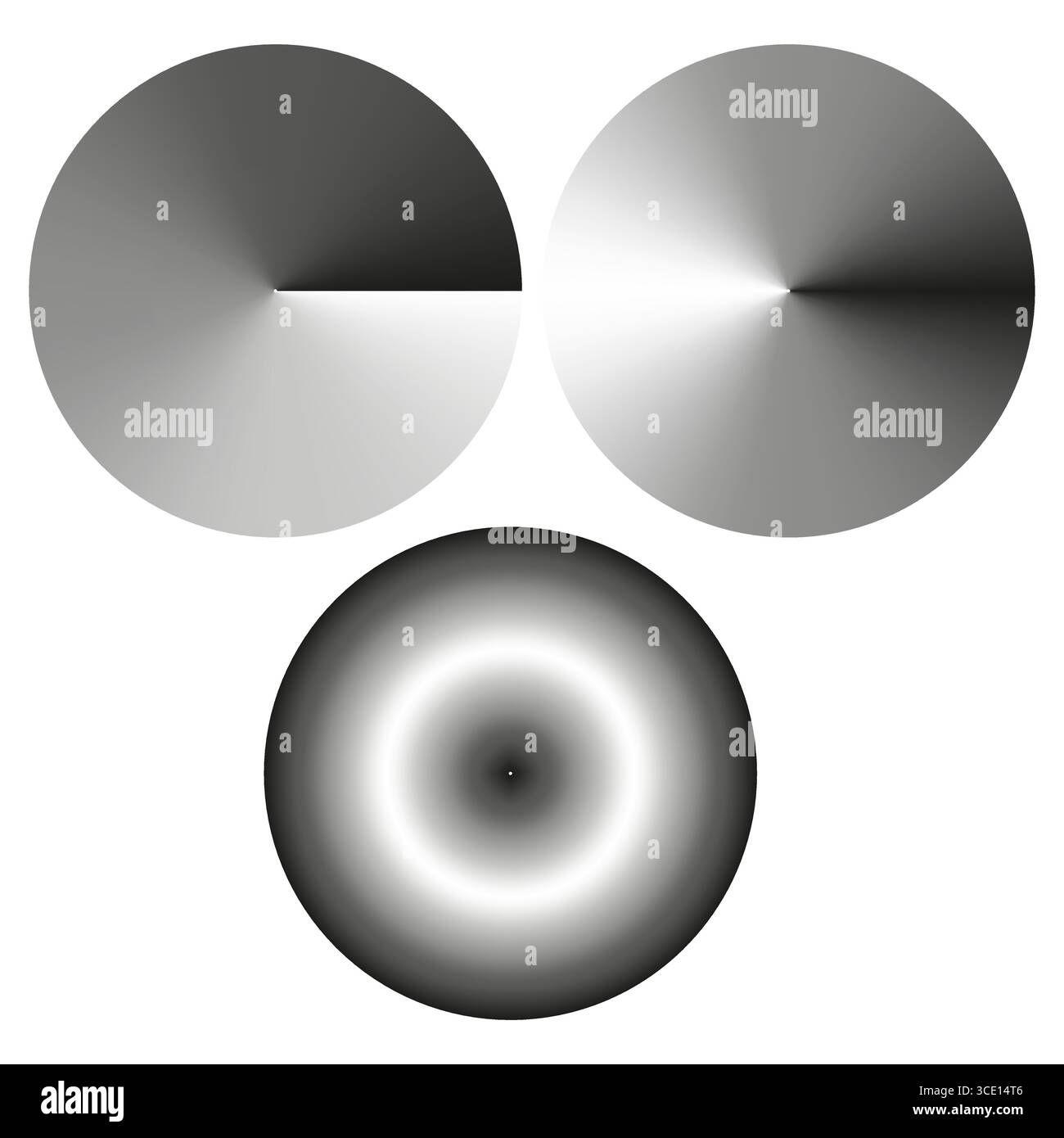 Monochrome circle gradients. Radial shade palette. Vector abstract elements. Smooth texture blend. Stock Vector