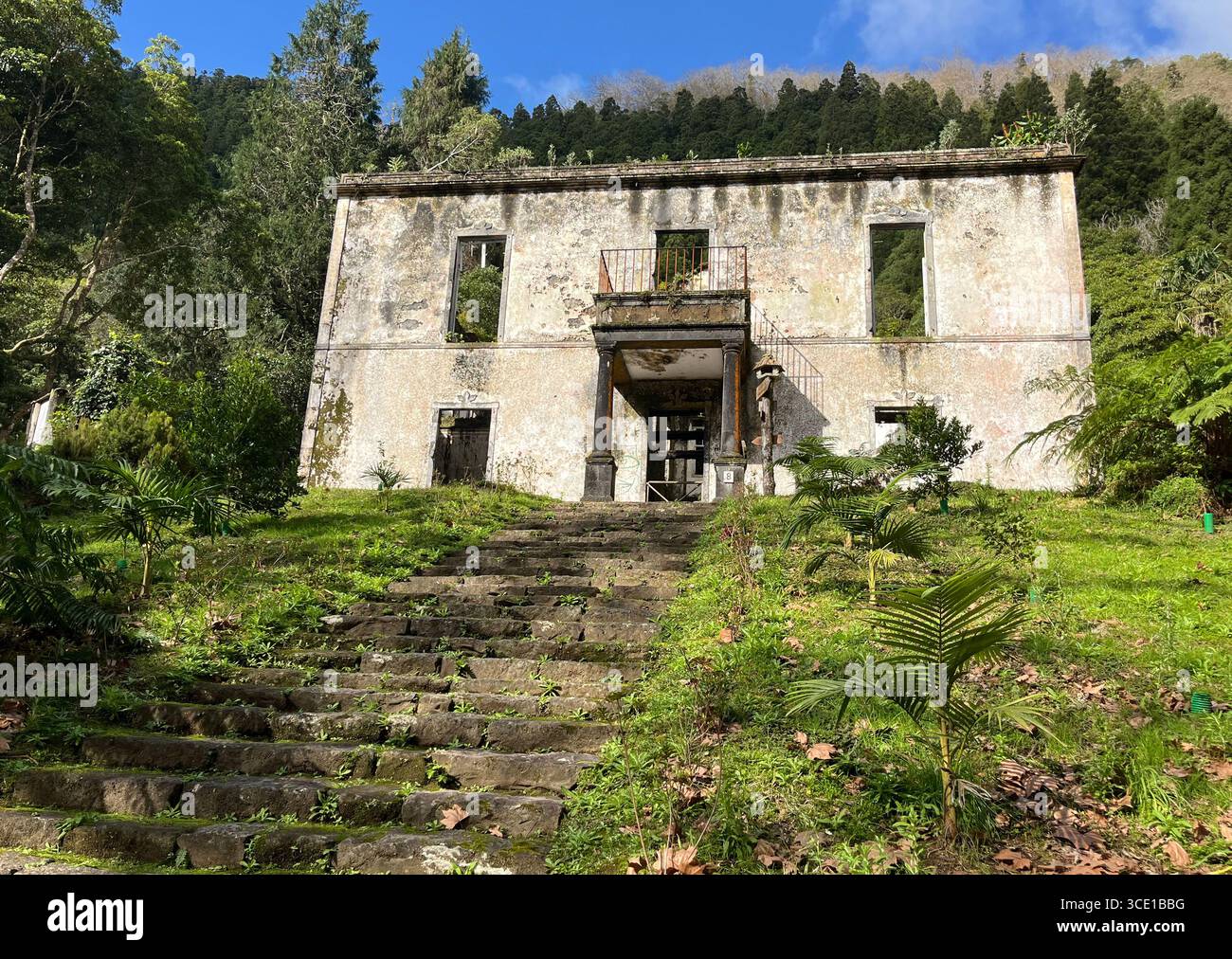 Ruins of the Grená manor house from 1858 surrounded by lush greenery at Parque da Grená, São Miguel, Azores. - Smartphone Captured Stock Image