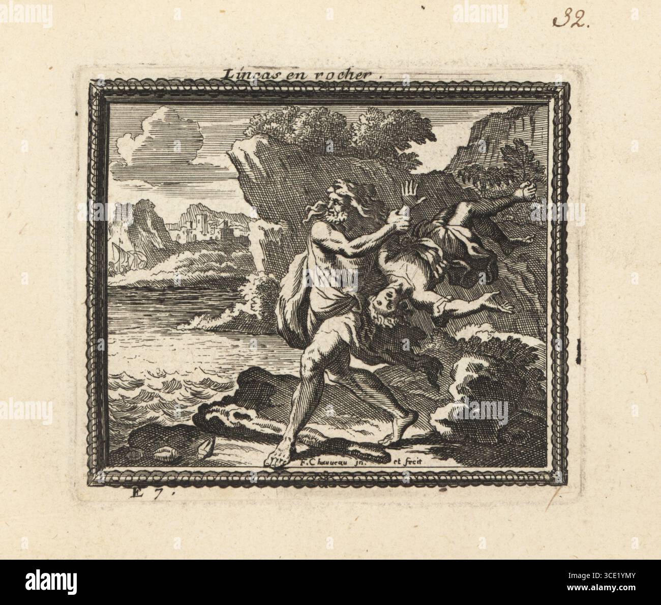 Greek hero Heracles throwing his herald Lichas into the sea where he became a rock or island (Cape Lichada). Heracles wearing the Nemean lionskin hurls a young man from a cliff into the ocean. His club lies on the shore near cowrie shells. Lichas had brought him the Centaur Nessus's poisoned shirt. Lincas en rocher. Copperplate engraving by Francois Chauveau from Metamorphoses d’Ovide en Rondeaux, Ovid’s Metamorphoses, chez Audran, Paris, 1676. Stock Photo