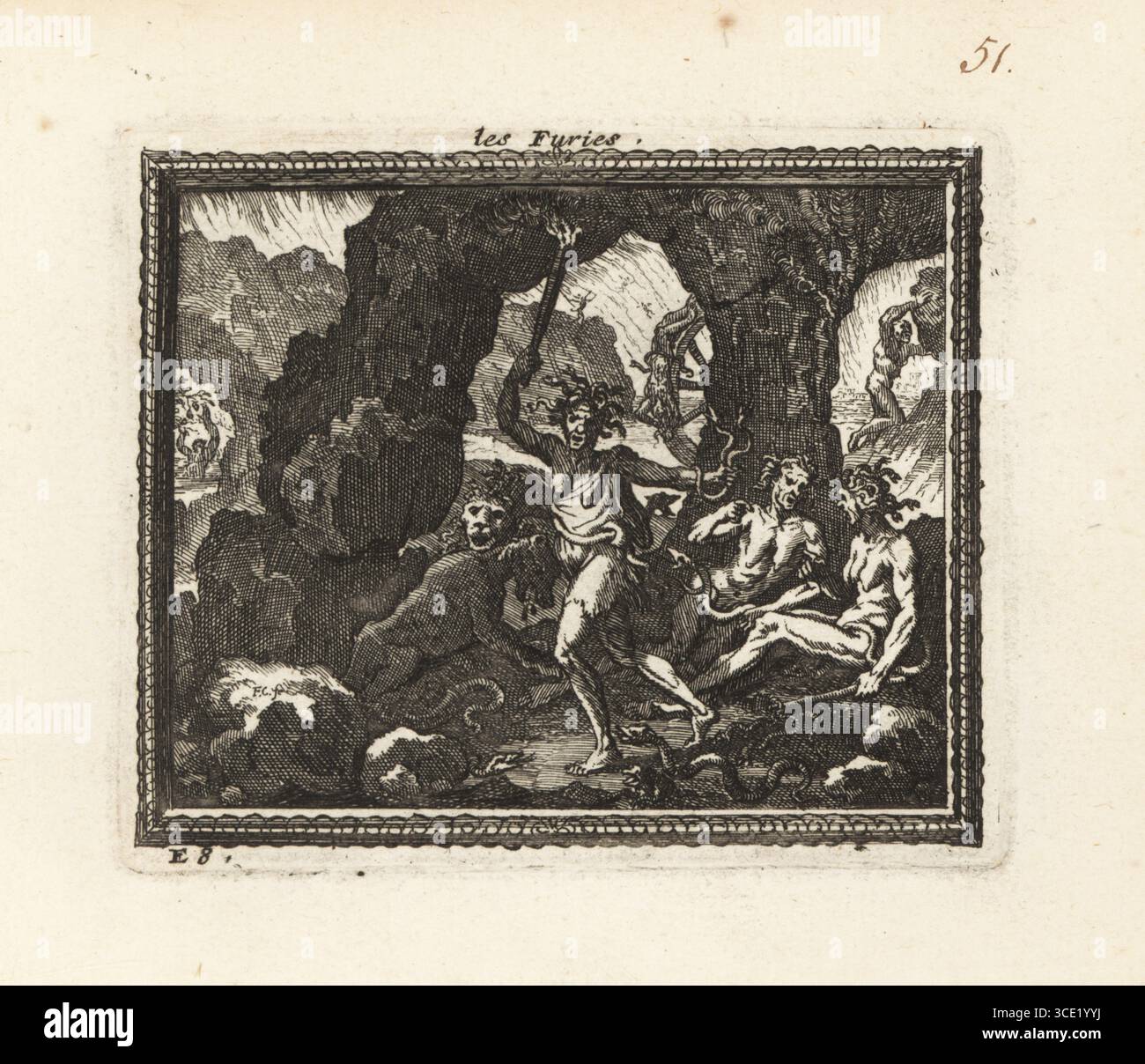 The three vengeful Furies in a cave with snakes and monsters. Three old women, Alecto, Megaera and Tisiphone, in rags with snakes for hair. In the background, Sisyphus pushing a rock up a hill, and victims on a Wheel of Fortune. Les Furies. Copperplate engraving by Francois Chauveau from Metamorphoses d’Ovide en Rondeaux, Ovid’s Metamorphoses, chez Audran, Paris, 1676. Stock Photo