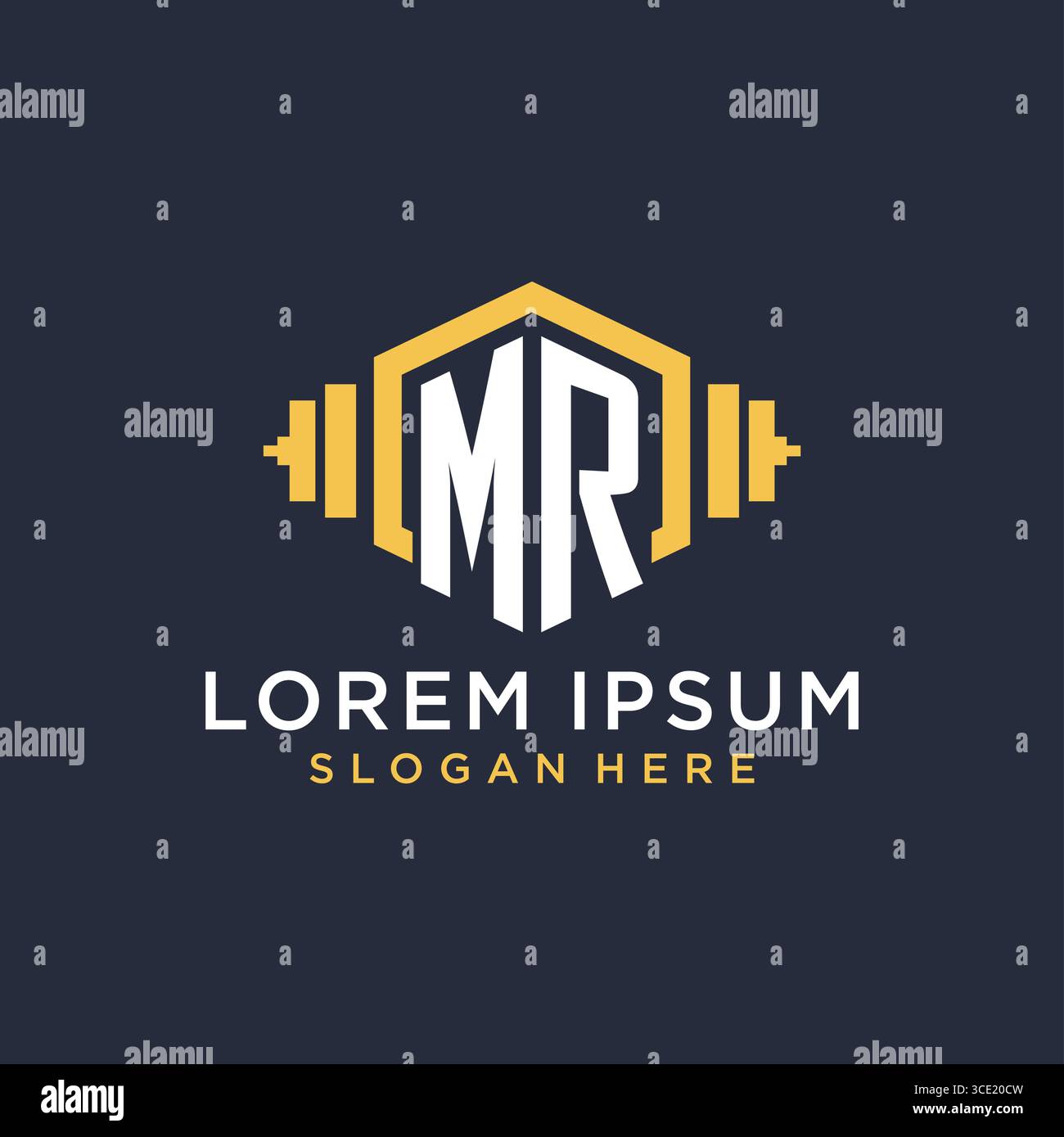 Initial MR logo design for fitness center with creative dumbbell geometric style vector graphic Stock Vector