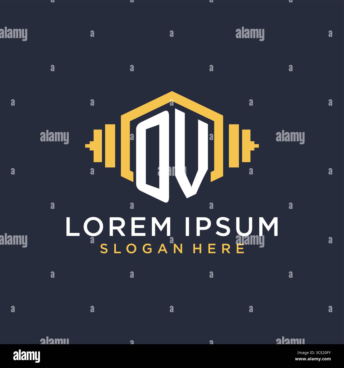 Initial OV logo design for fitness center with creative dumbbell geometric style vector graphic Stock Vector