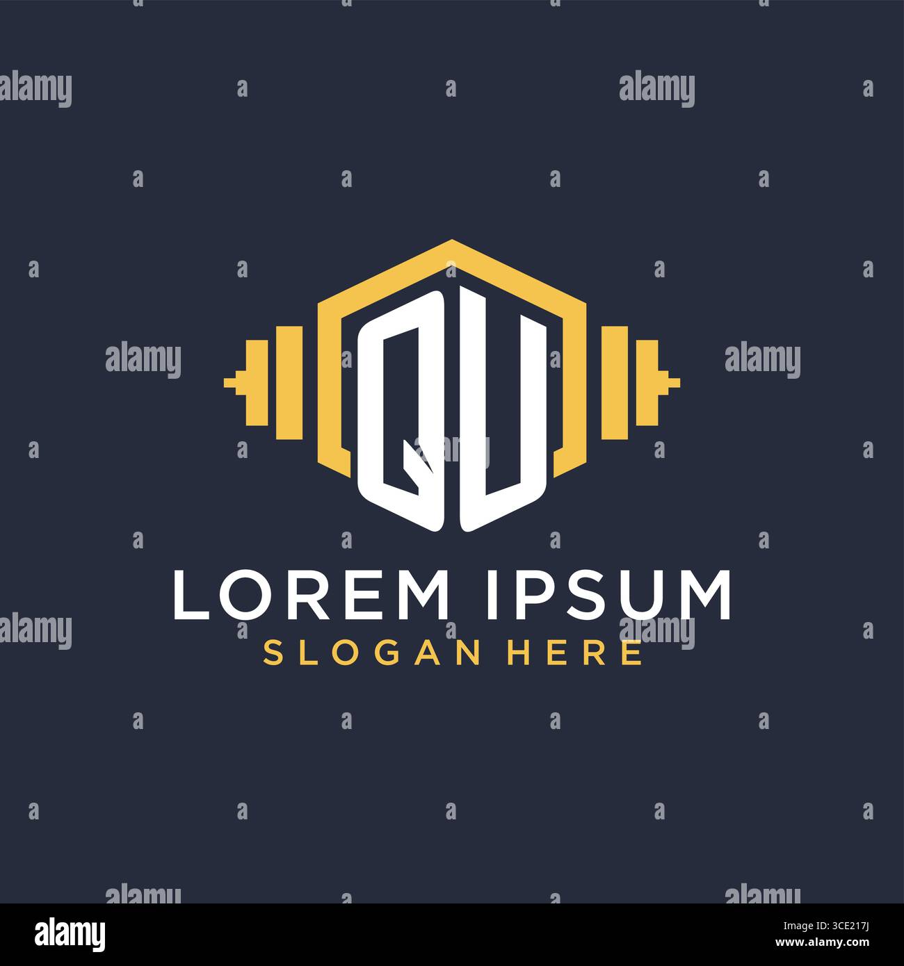 Initial QU logo design for fitness center with creative dumbbell geometric style vector graphic Stock Vector