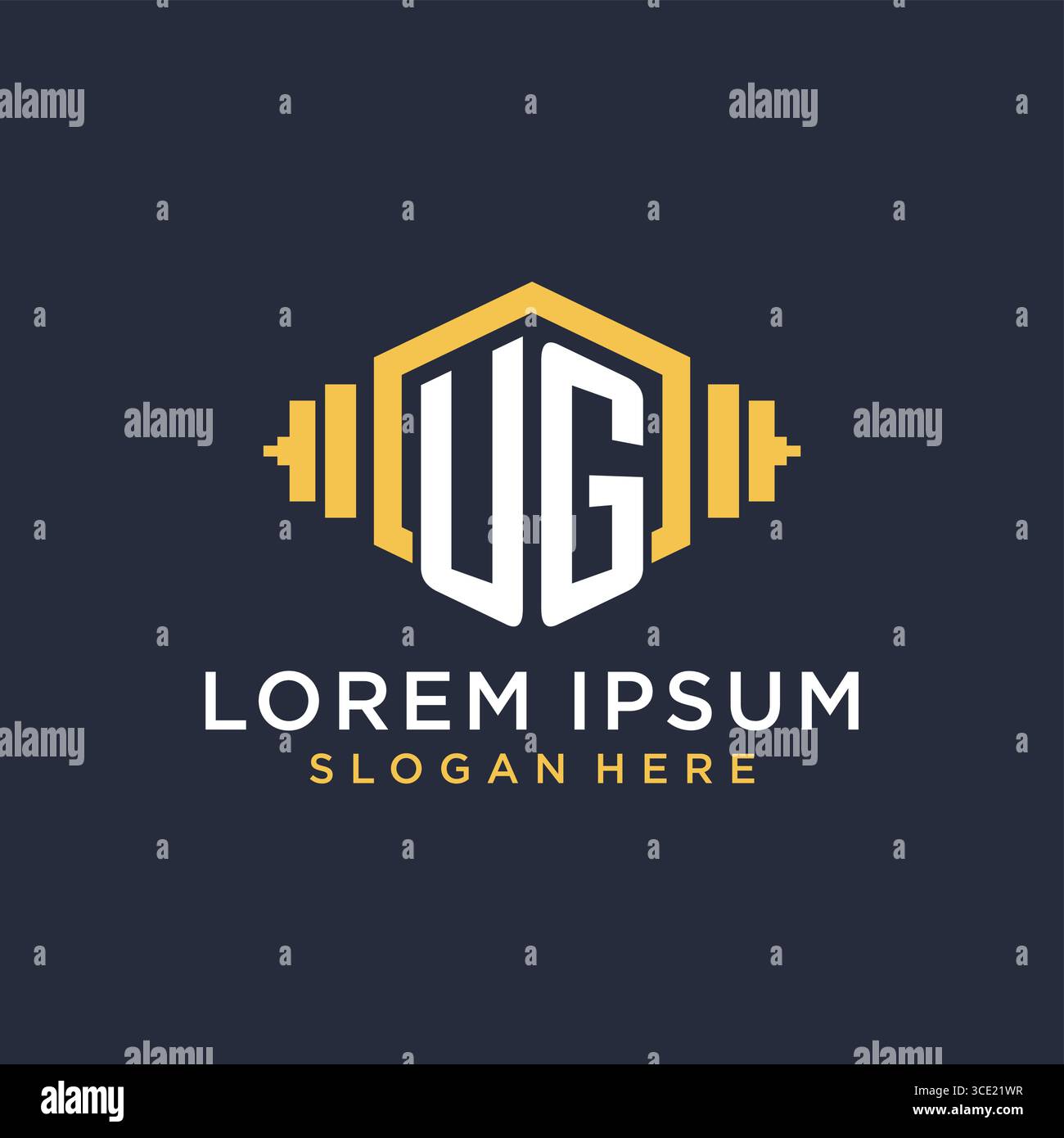 Initial UG logo design for fitness center with creative dumbbell geometric style vector graphic Stock Vector