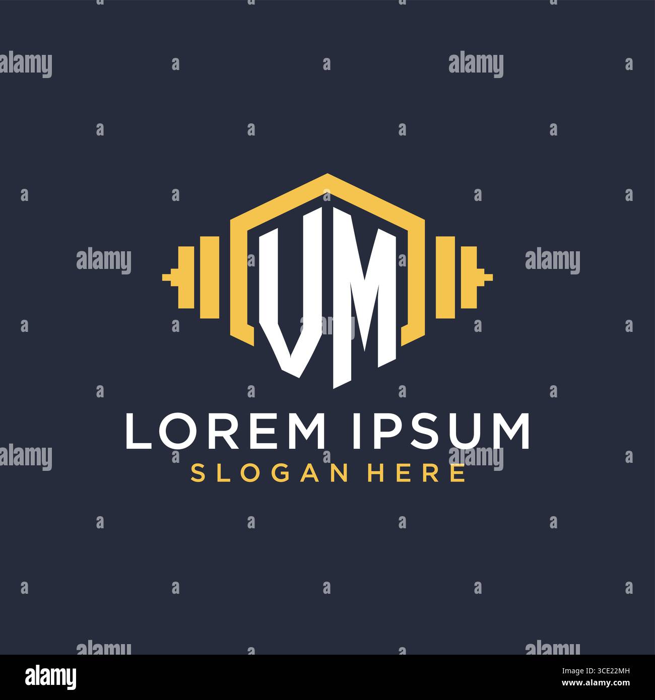 Initial VM logo design for fitness center with creative dumbbell geometric style vector graphic Stock Vector