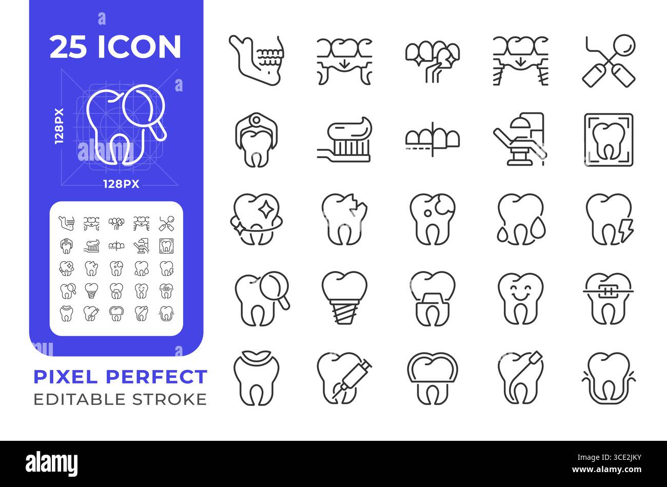 Dental pixel perfect line icons set Stock Vector