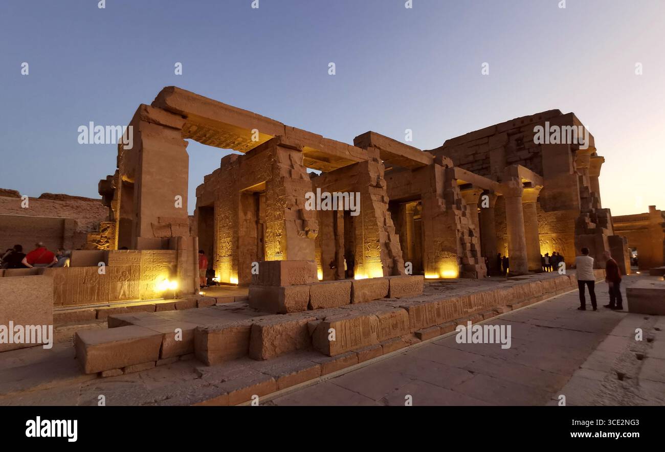 Kom Ombo Temple complex, dedicated to Sobek and Horus, on the banks of the Nile north of Aswan at sunset. - Smartphone Captured Stock Image