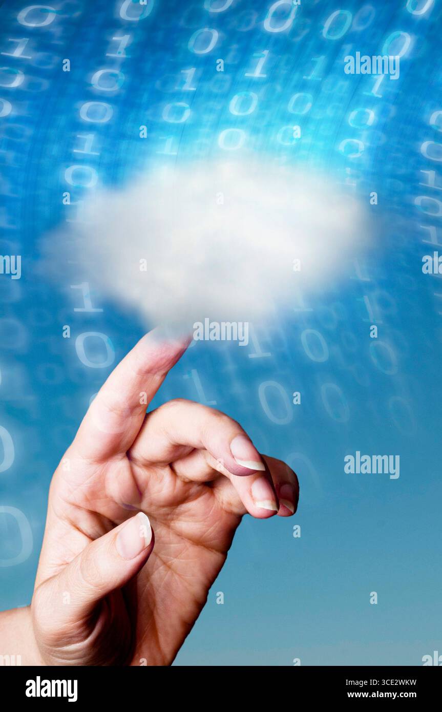 finger touching digital cloud on binary code background, cloud computing concept Stock Photo