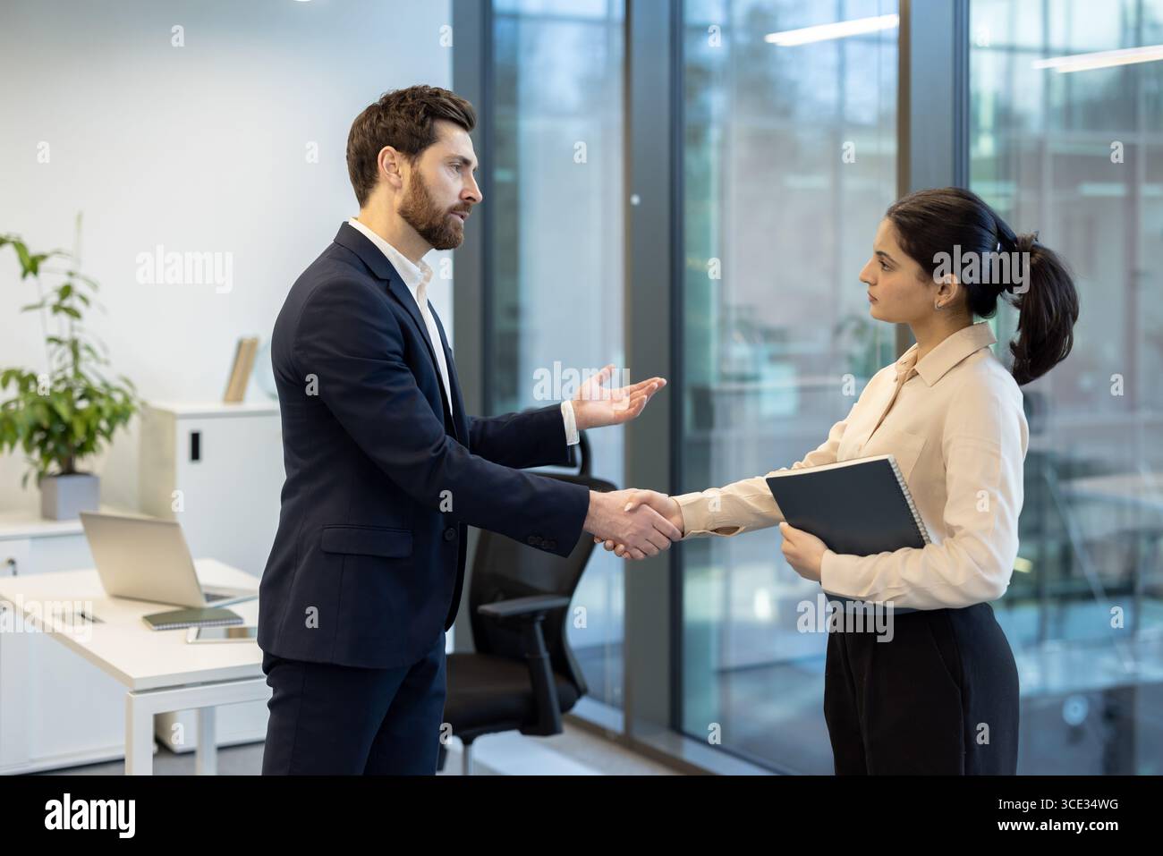 A man and a woman dressed in business attire shaking hands in a bright office setting, creating a professional and cooperative ambiance. Stock Photo