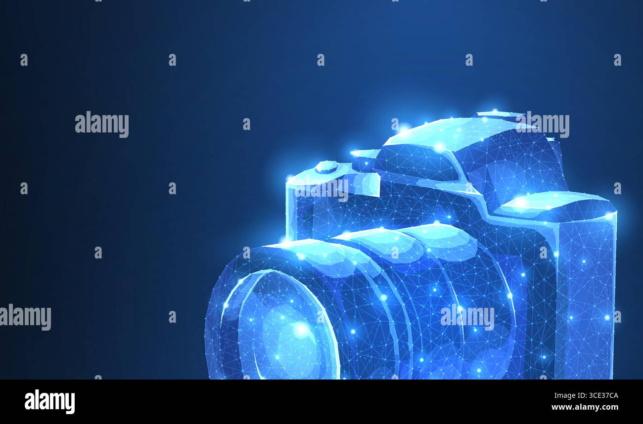 Camera. Abstract 3d polygonal wireframe modern professional camera isolated on blue. Stock Vector