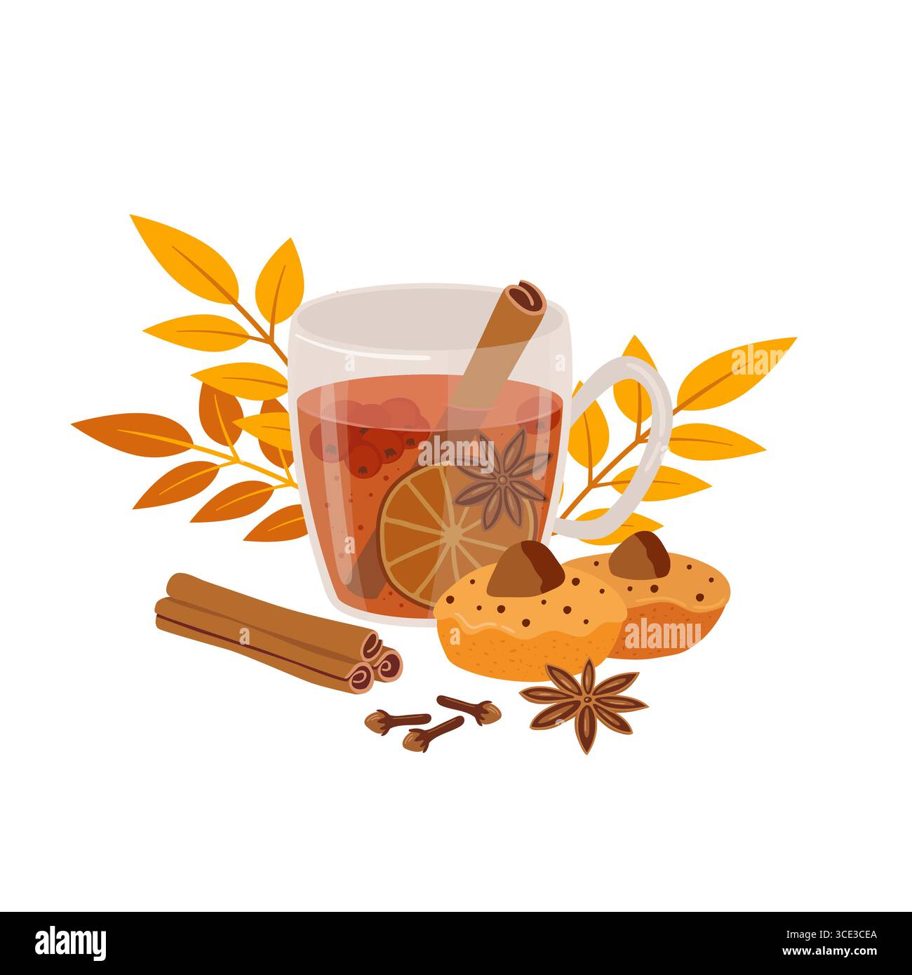 Cozy autumn herbal tea or mulled wine with berries, lemon and spices on white background. Hand drawn hot drink and pie vector illustration. Stock Vector