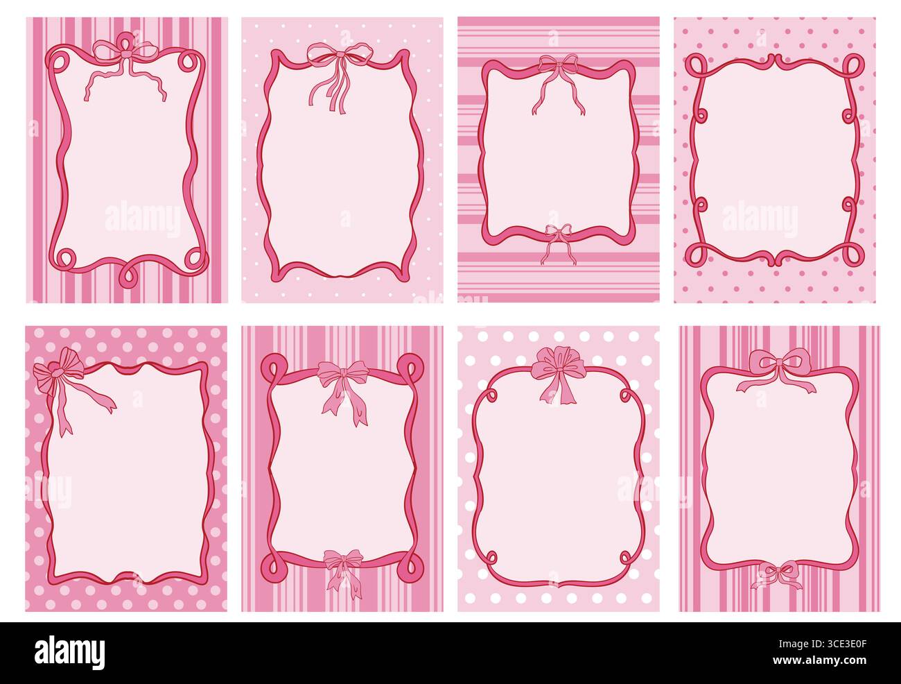 Set of coquette pink posters with delicate patterns, ribbon frames ...