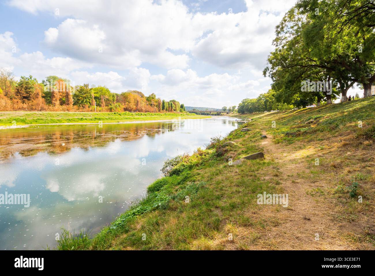 uzh river in autumn. sunny weather. green environment with grassy riverside. trees on the shore and clouds on the sky reflecting in the calm water. ur Stock Photo