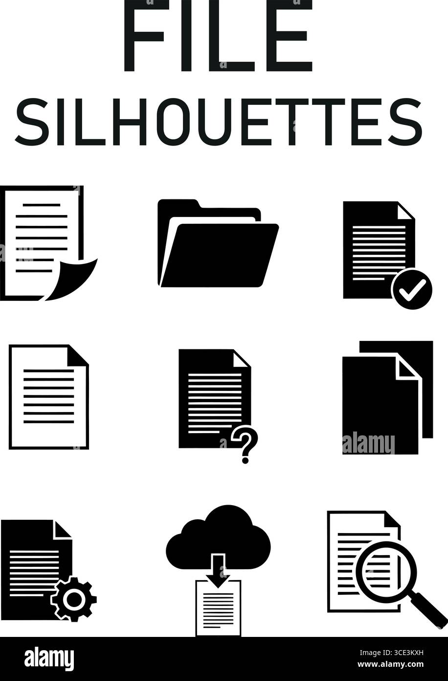 Essential file management icons including documents, folders, search, cloud download, and settings for clear business communication Stock Vector