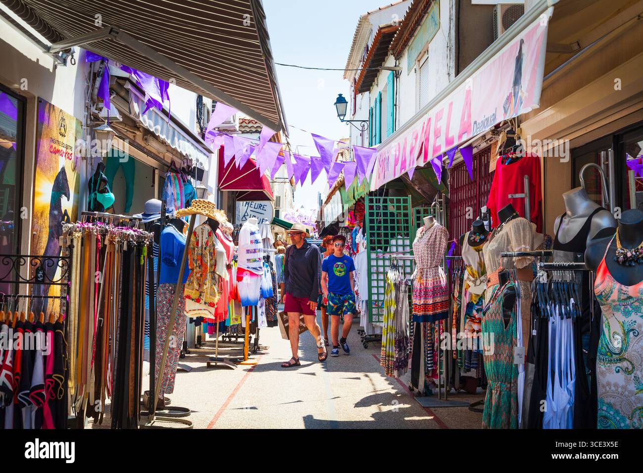 Tourists shops and restaurants in  Saintes-Maries-de-la-Mer in the Camargue France Stock Photo