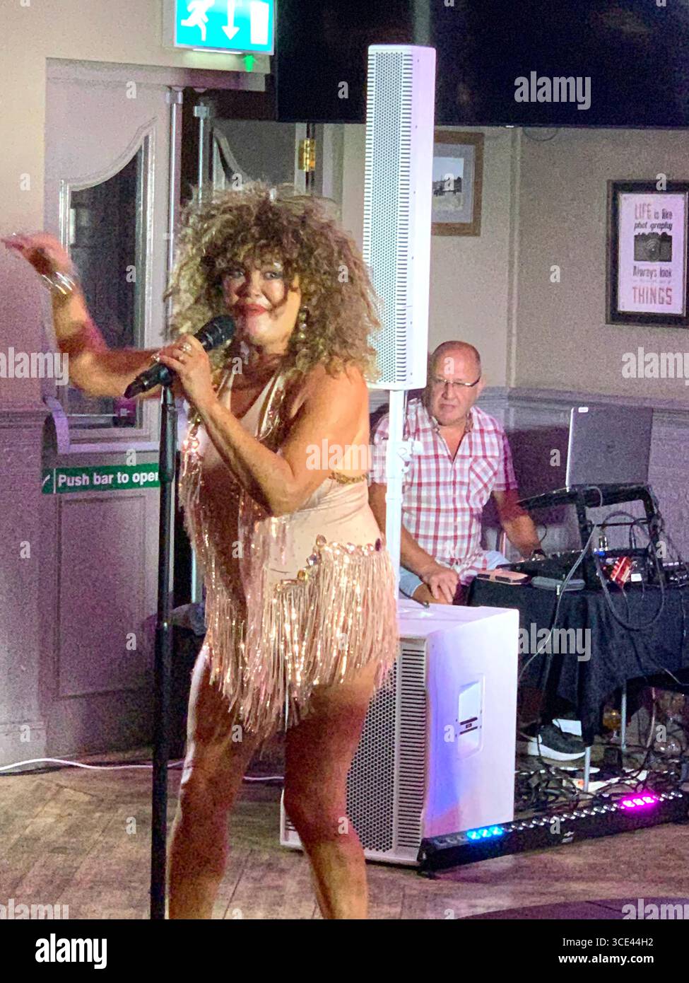 Tina turner long hair singer singing songs microphone dress dressed American sing Black African standing frizzy hair blonde speakers tour touring - Smartphone Captured Stock Image