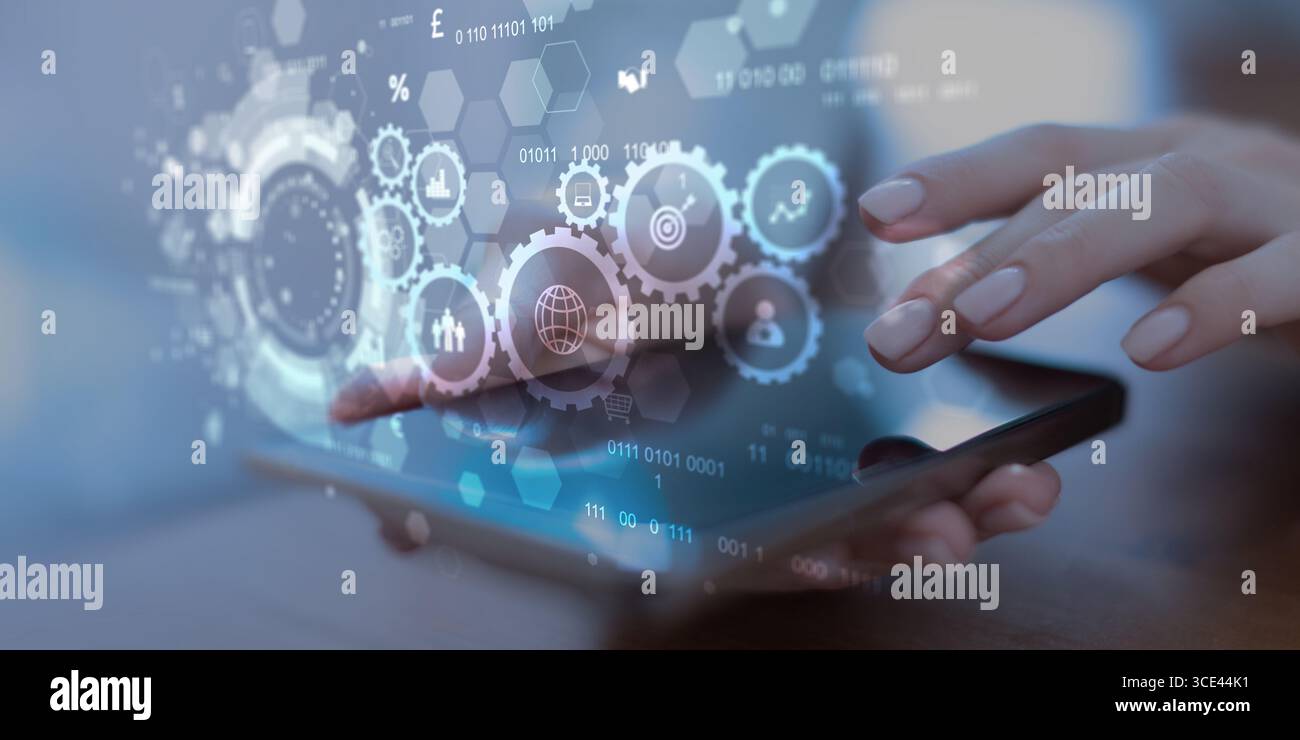 Digital Workflow and Automation System with Virtual Interface on Tablet Touchscreen. Stock Photo
