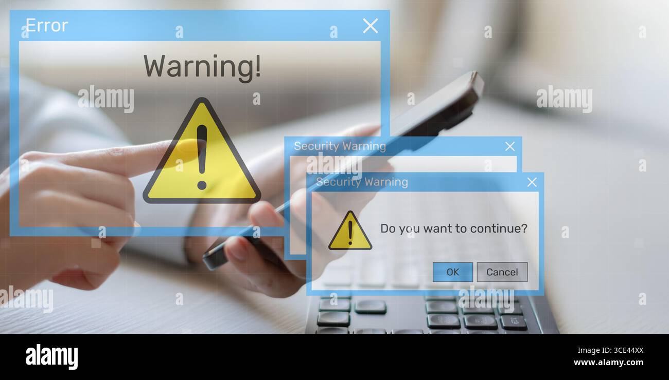 Security Warning Notifications Displayed on Digital Interface with Risk Alert Symbols. Stock Photo