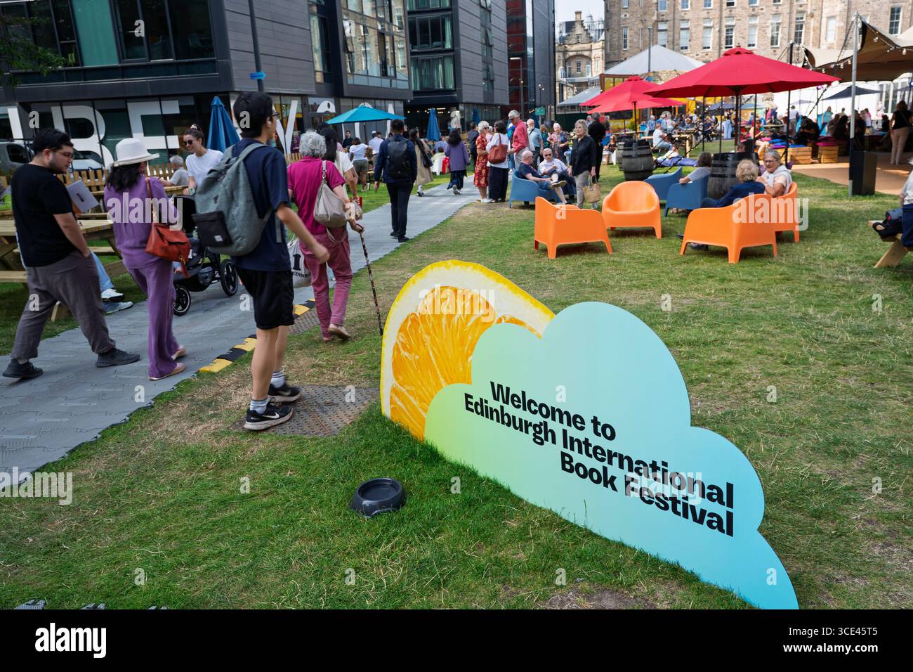 Exterior view of Edinburgh Book Festival at Edinburgh Futures Institute, University of Edinburgh , Edinburgh, Scotland, UK Stock Photo
