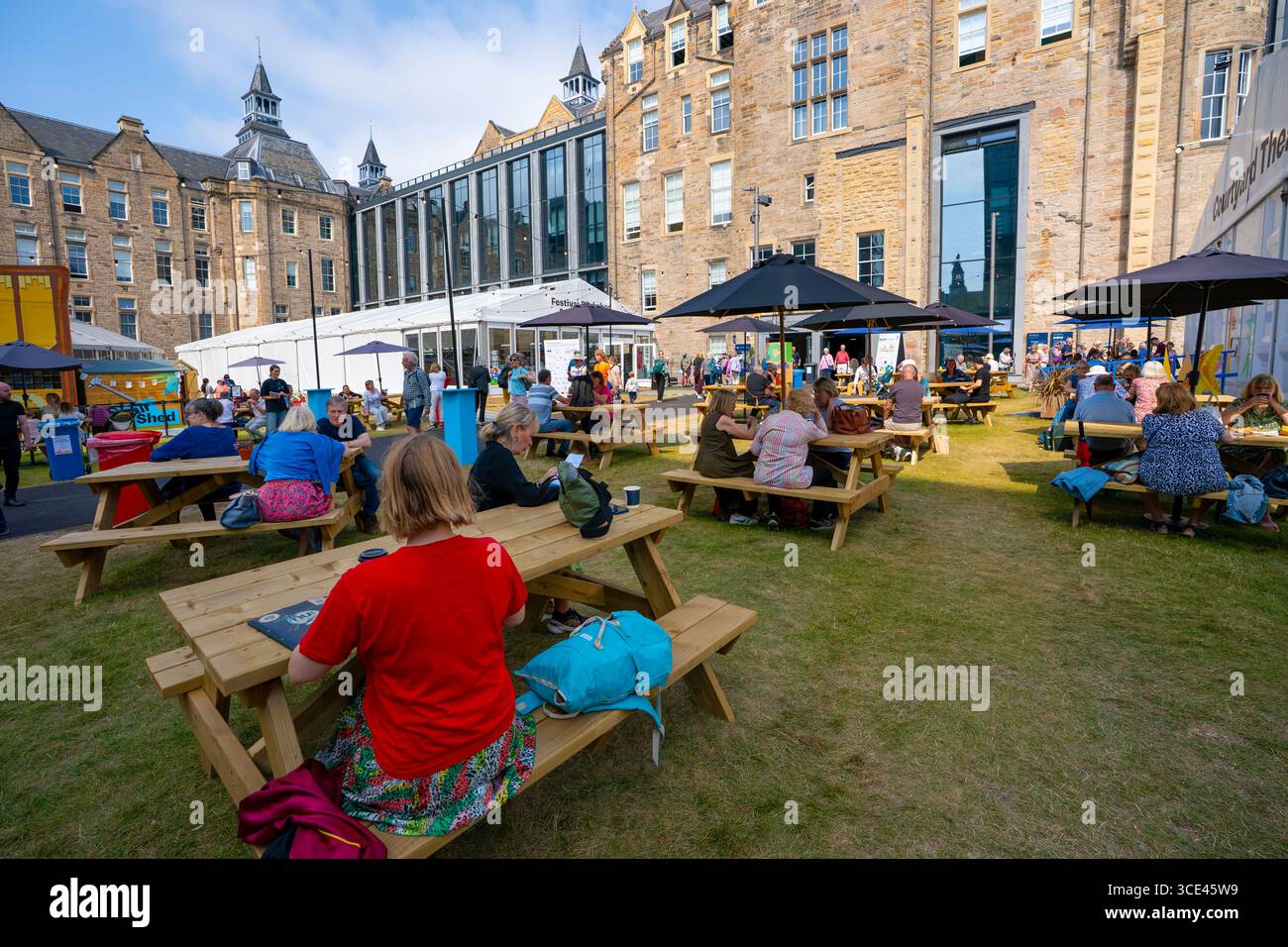 Exterior view of Edinburgh Book Festival at Edinburgh Futures Institute, University of Edinburgh , Edinburgh, Scotland, UK Stock Photo