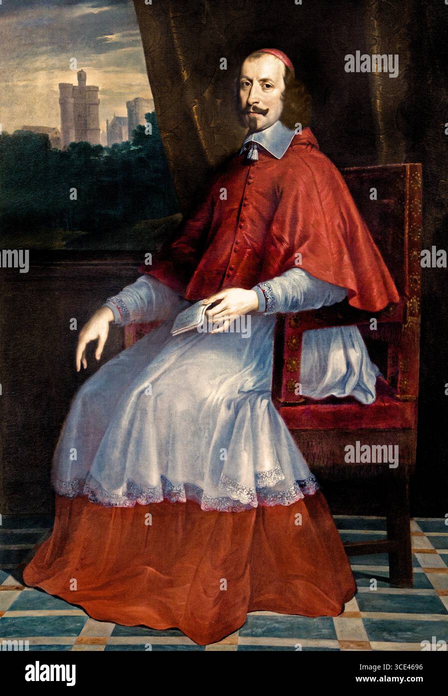 Cardinal Jules Mazarin 1602-61 by  Philippe de Champaigne 1602–1674 French Baroque  painter France Louvre Museum Paris France, ( Jules Mazarin, from 1641 known as Cardinal Mazarin, was an Italian Catholic prelate, diplomat and politician who served as the chief minister to the Kings of France Louis XIII and Louis XIV from 1642 to his death. He was made a cardinal in 1641 ) Stock Photo