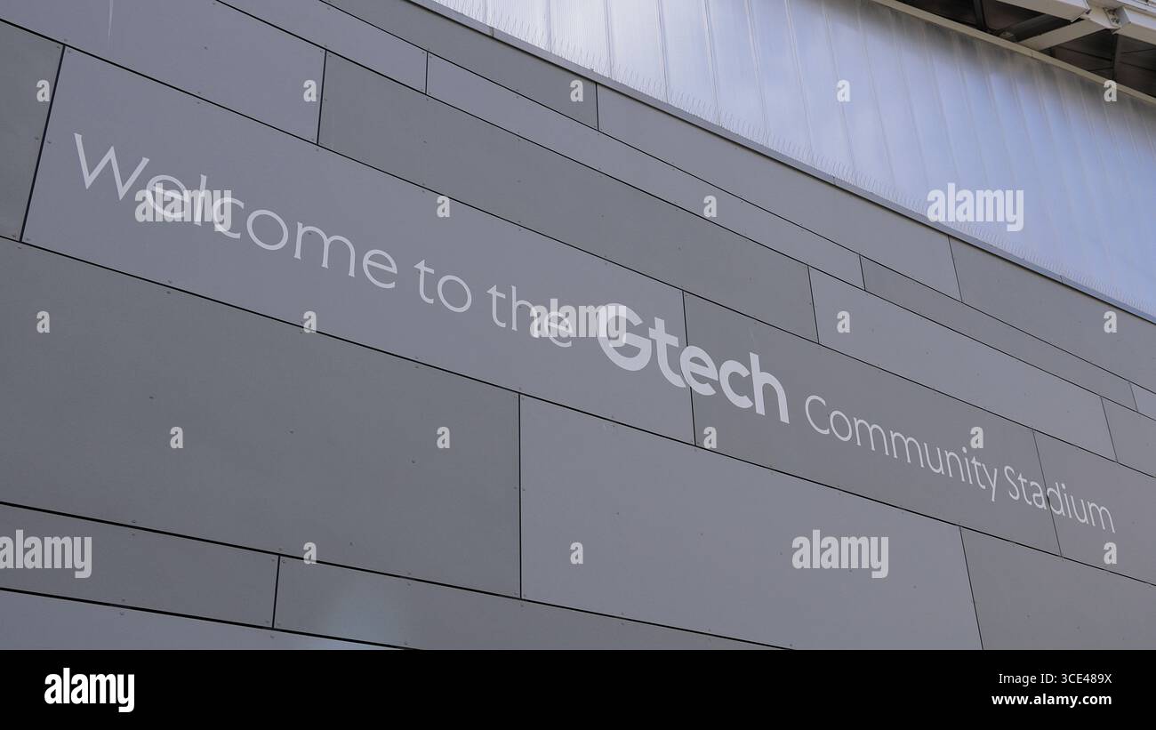 LONDON, UK - AUGUST 5, 2025 - Welcome sign at the Gtech Community Stadium, home of Brentford Football Club, located in Brentford, London, UK Stock Photo