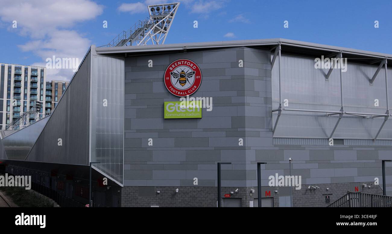 LONDON, UK - AUGUST 5, 2025 - Modern stadium architecture of Brentford Community Stadium, home of Brentford Football Club, featuring Gtech sponsorship Stock Photo