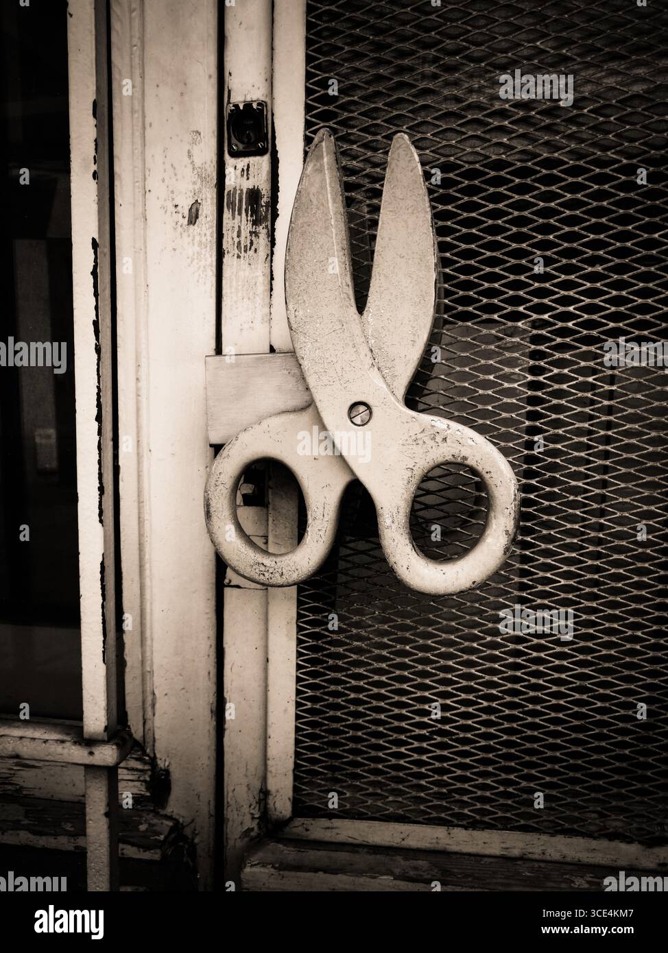A pair of old scissors hangs on a door latch, surrounded by a weathered metal mesh. - Smartphone Captured Stock Image