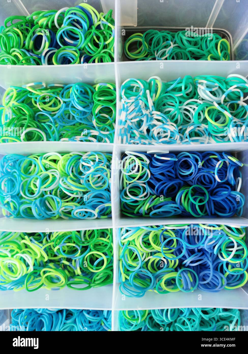 Numerous rubber bands are neatly arranged in a clear storage container - Smartphone Captured Stock Image