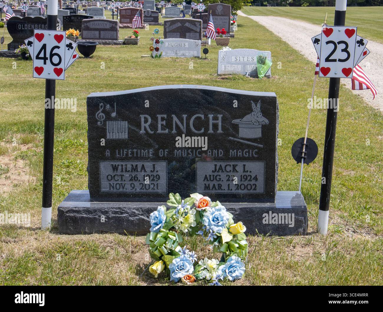 Colon, Michigan, the 'Magic Capital of the World,' is home to magicians’ graves, where famed illusionists rest in this enchanting small-town cemetery. Stock Photo