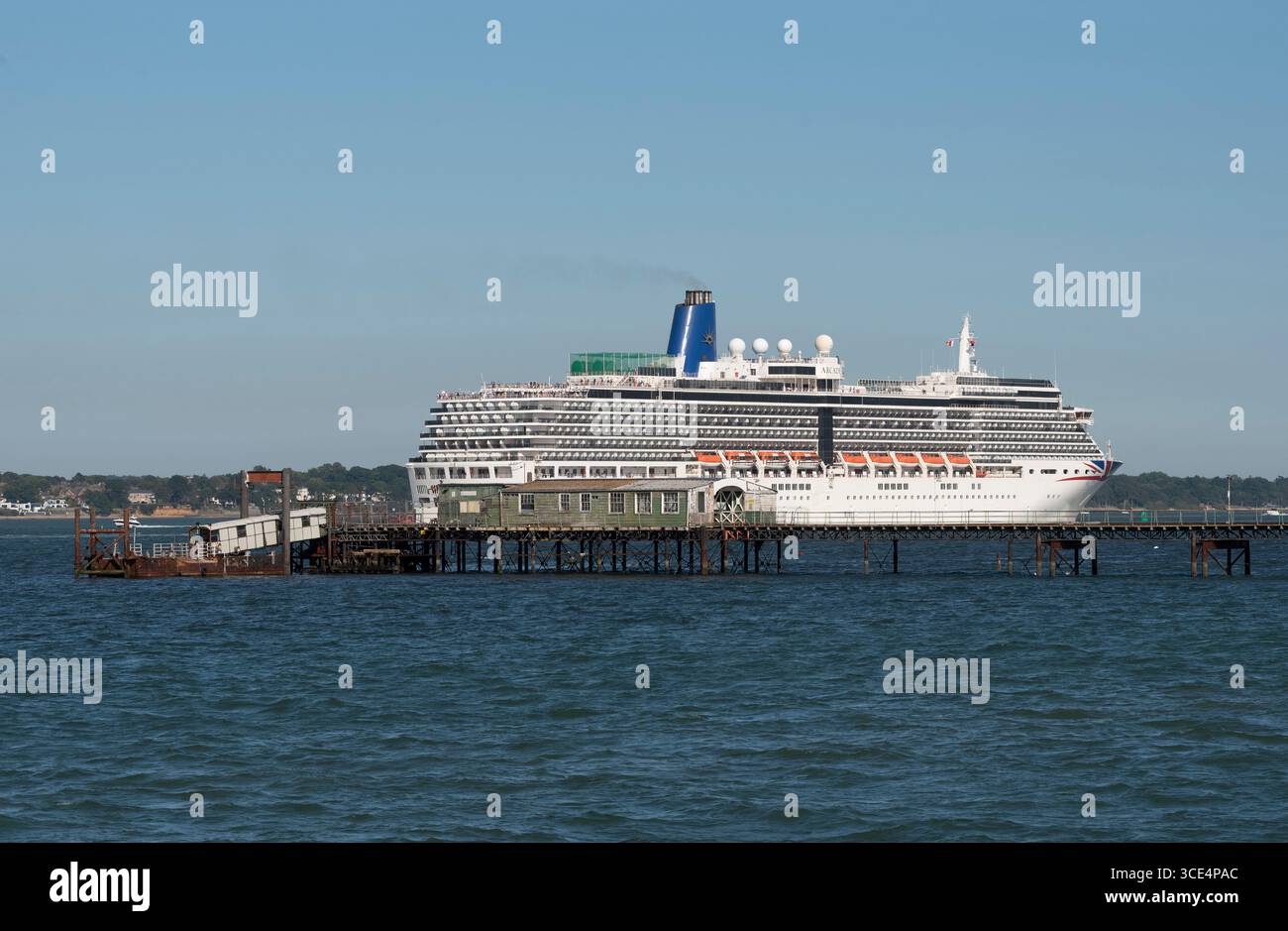 Southampton England UK. 14.07.2025. The cruise ship Arcadia heading down Southampton Water  passing Hythe Pier southern England heading for open sea. Stock Photo