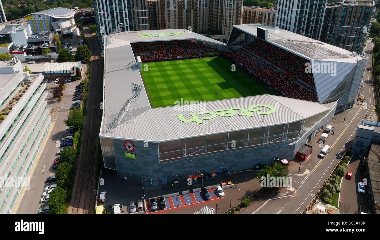 LONDON, UK - AUGUST 5, 2025 - Aerial view of Gtech Community Stadium, home of Brentford FC, during a football match in London Stock Photo