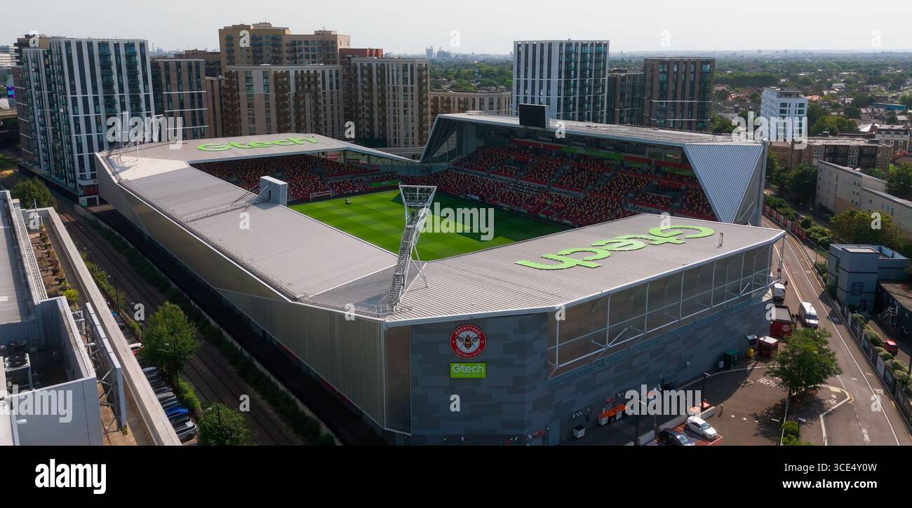 LONDON, UK - AUGUST 5, 2025 - Aerial view of Gtech Community Stadium, home of Brentford FC, located in London, showcasing its modern architecture and Stock Photo