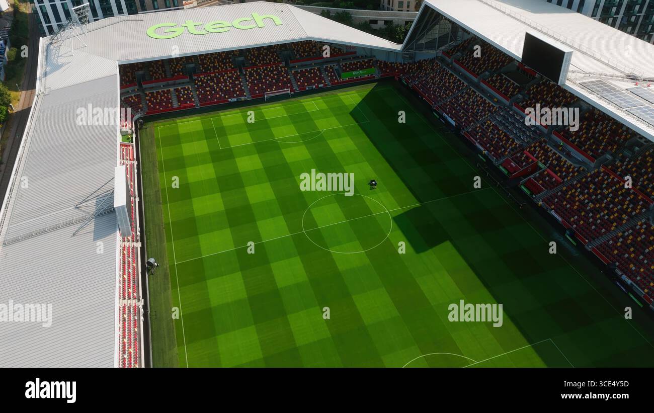 LONDON, UK - AUGUST 5, 2025 - Aerial view of Gtech Community Stadium, home of Brentford FC, during a football match in London Stock Photo