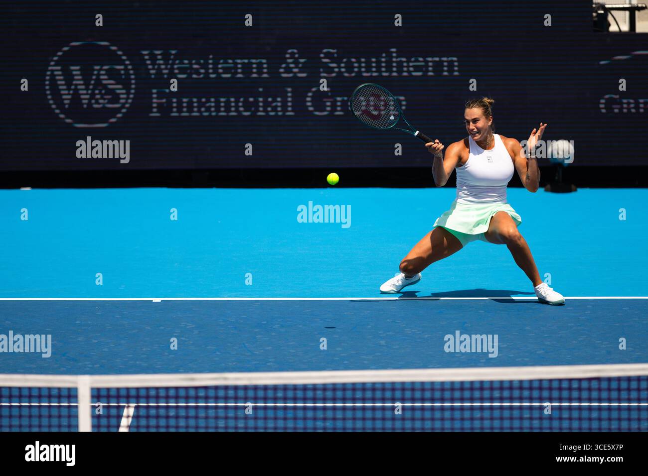 MASON, OHIO - AUGUST 15: Aryna Sabalenka in action against Elena Rybakina of Kazakhstan during Day 9 of the Cincinnati Open at the Lindner Family Tennis Center on August 15, 2025 in Mason, Ohio. (Photo by Mauricio Paiz) Stock Photo