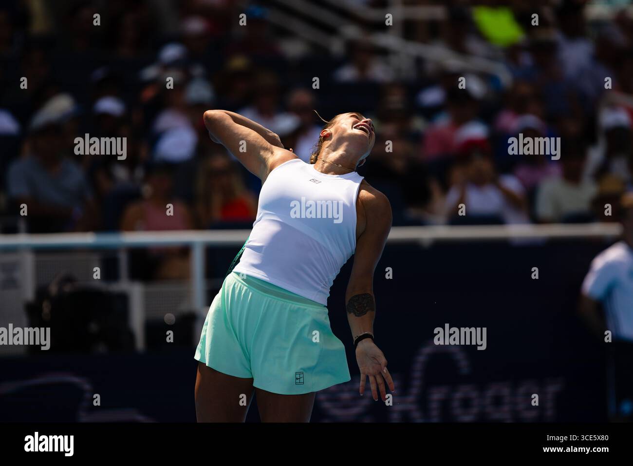 MASON, OHIO - AUGUST 15: Aryna Sabalenka in action against Elena Rybakina of Kazakhstan during Day 9 of the Cincinnati Open at the Lindner Family Tennis Center on August 15, 2025 in Mason, Ohio. (Photo by Mauricio Paiz) Stock Photo