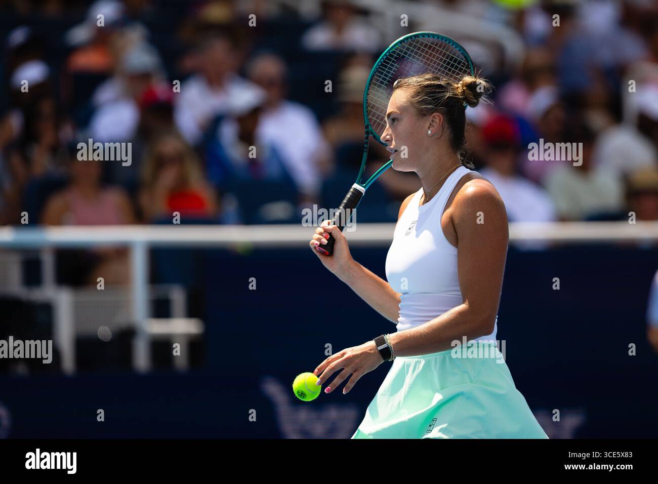 MASON, OHIO - AUGUST 15: Aryna Sabalenka in action against Elena Rybakina of Kazakhstan during Day 9 of the Cincinnati Open at the Lindner Family Tennis Center on August 15, 2025 in Mason, Ohio. (Photo by Mauricio Paiz) Stock Photo