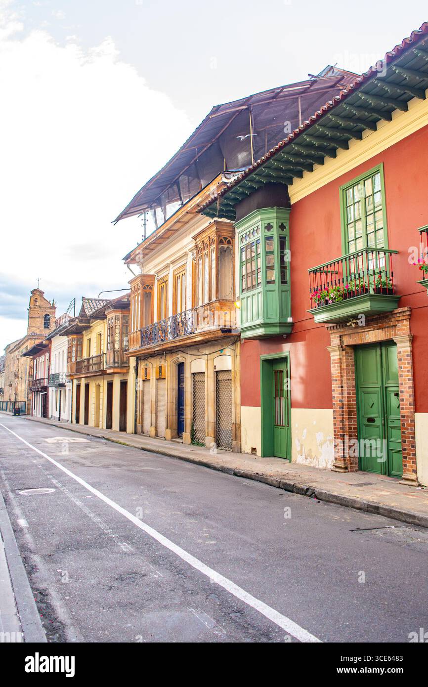 Charming colonial buildings line a quiet street in Bogotá, Colombia ...