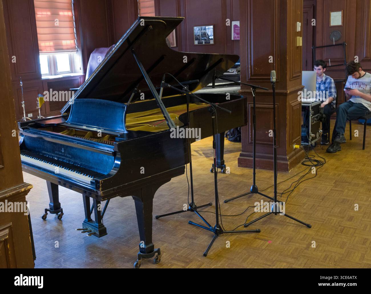 Microphones set to record performance on Grand Piano in recital hall ...
