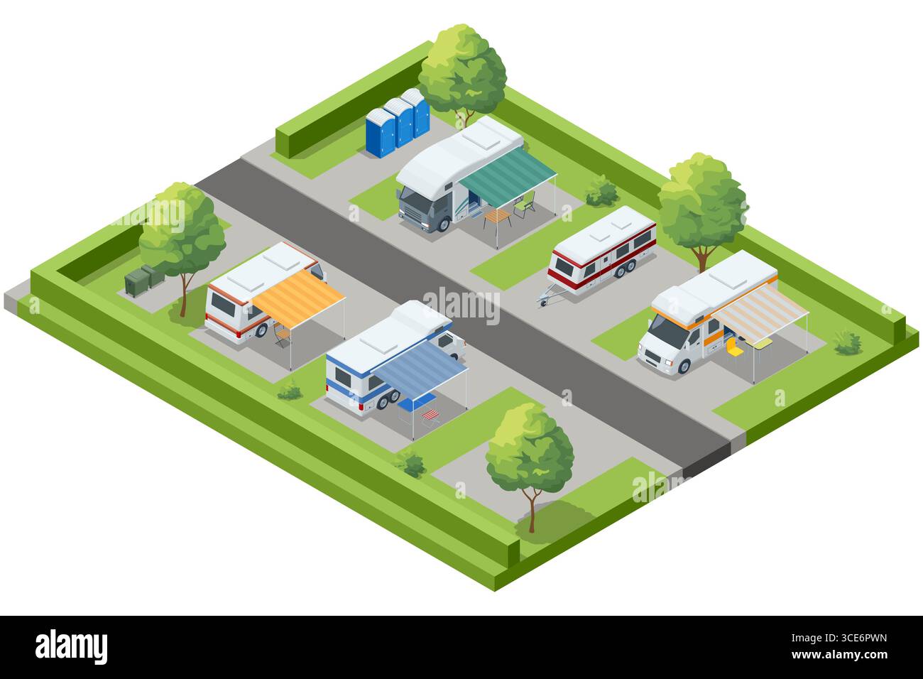 Isometric illustration of a camper van parking area with multiple RVs ...