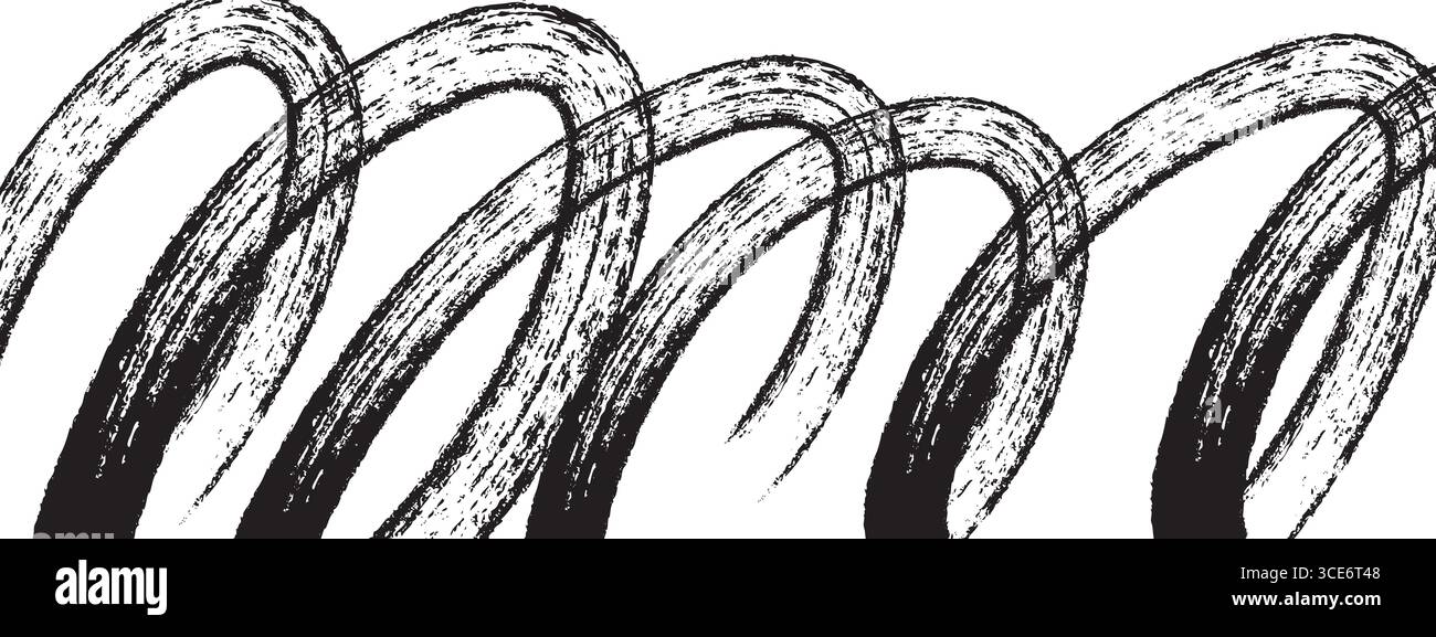 Grainy black swirl brush strokes with distressed paint texture. Dynamic wavy lines and spray effect. Hand drawn abstract vector background Stock Vector
