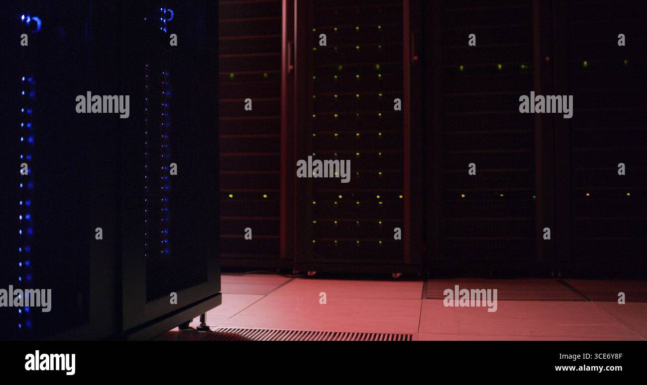 Empty server room, information technology and lights with connectivity ...